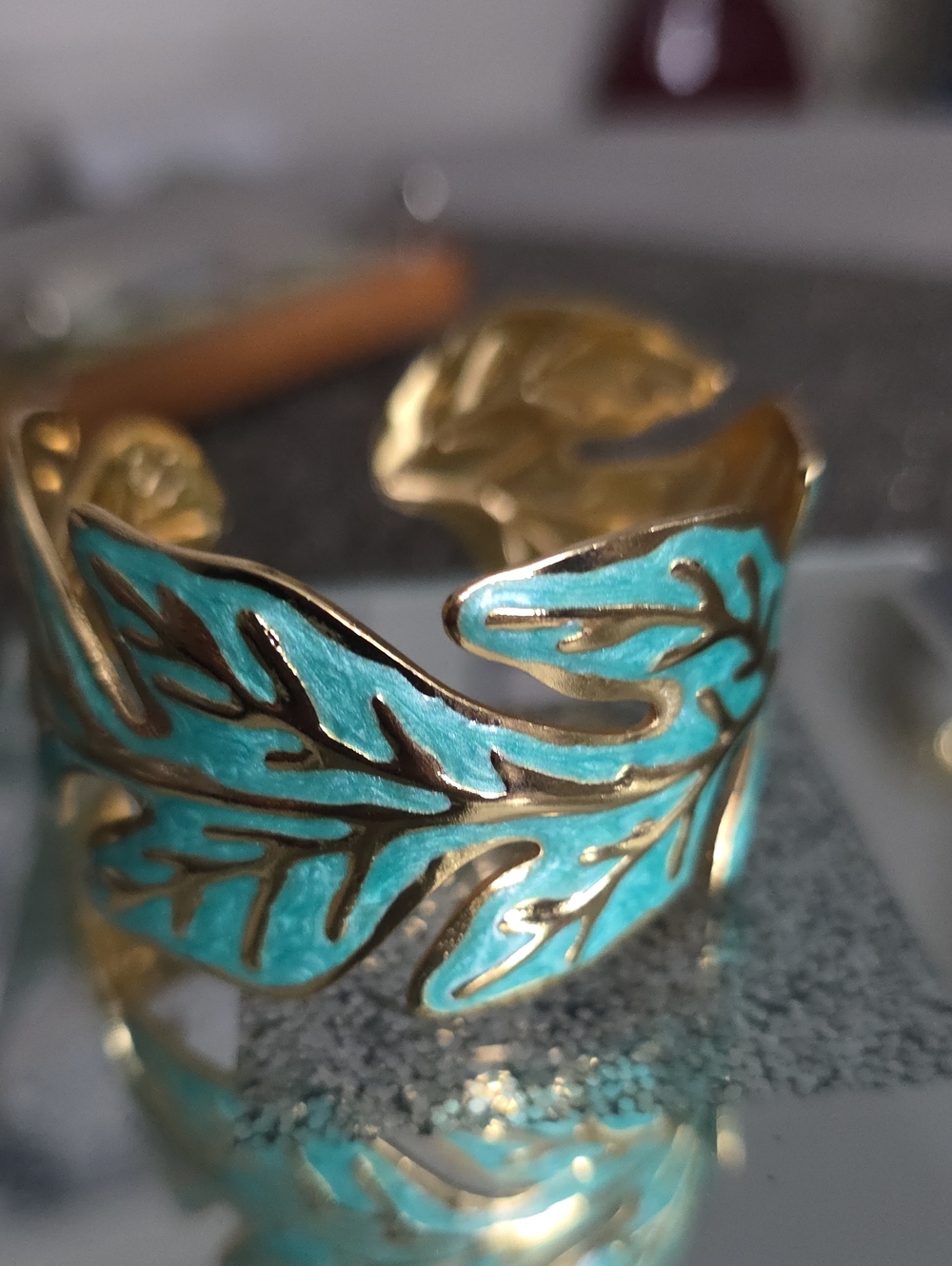 Vintage Gold-Tone Turquoise Leaf Cuff Bracelet